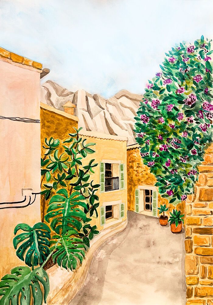 Sunny European Village Street art print by Karen Menzenbach for $57.95 CAD