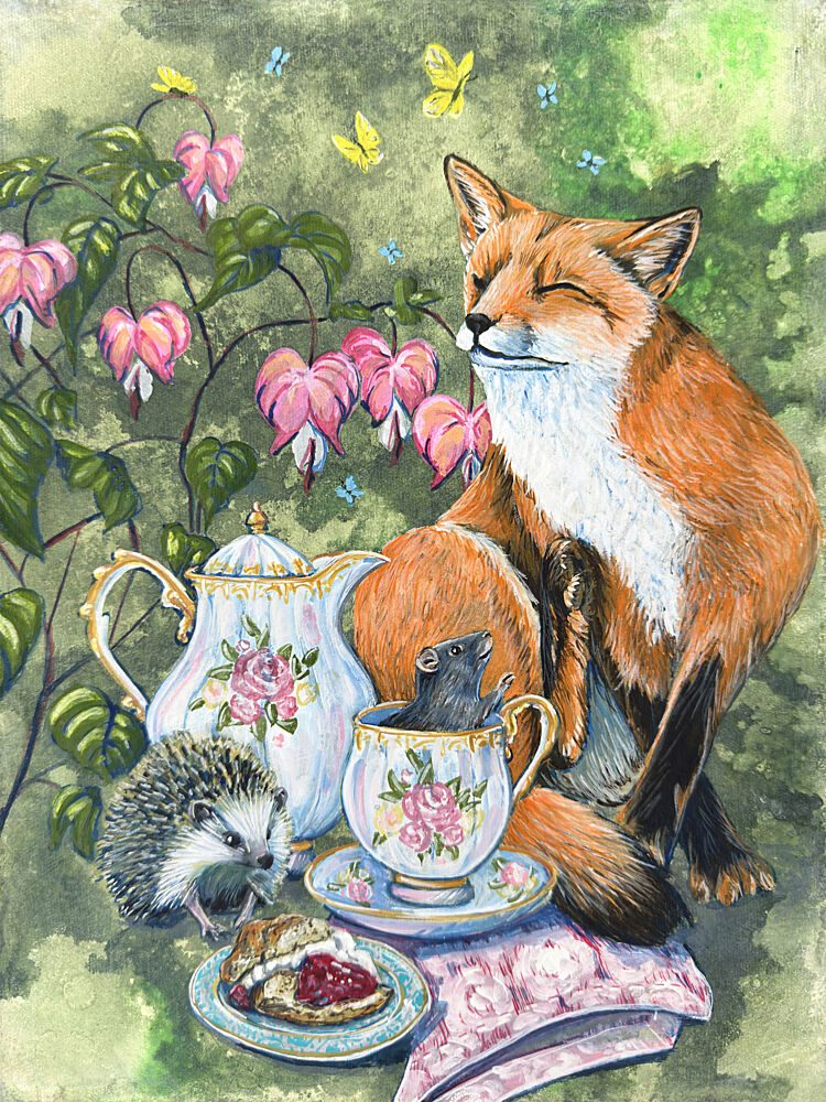 Afternoon Tea Fox Hedgehog and Mouse with Bleeding Heart Flowers by Renee Machan art print by Renee Machan Cottagecore for $57.95 CAD