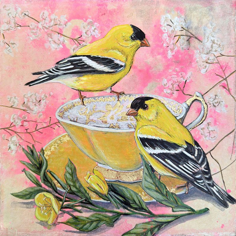 Spring Goldfinches and Teacup art print by Renee Machan Cottagecore for $57.95 CAD