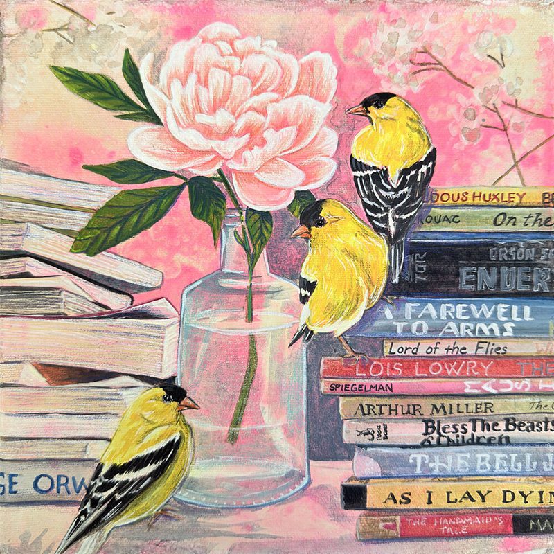 Goldfinches Peony Books art print by Renee Machan Cottagecore for $57.95 CAD