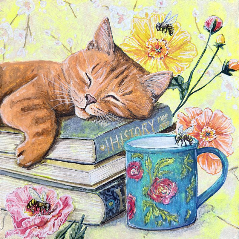 Sleeping Cat Among Books art print by Renee Machan Cottagecore for $57.95 CAD