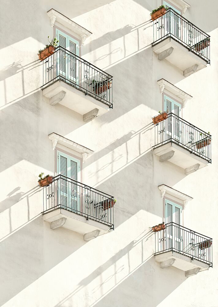 White Balconies Blue Shutters art print by Karin Kilb for $57.95 CAD