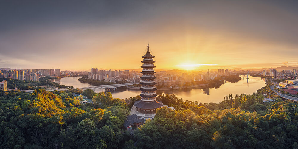 Golden Pagoda Sunset art print by Qiye for $57.95 CAD