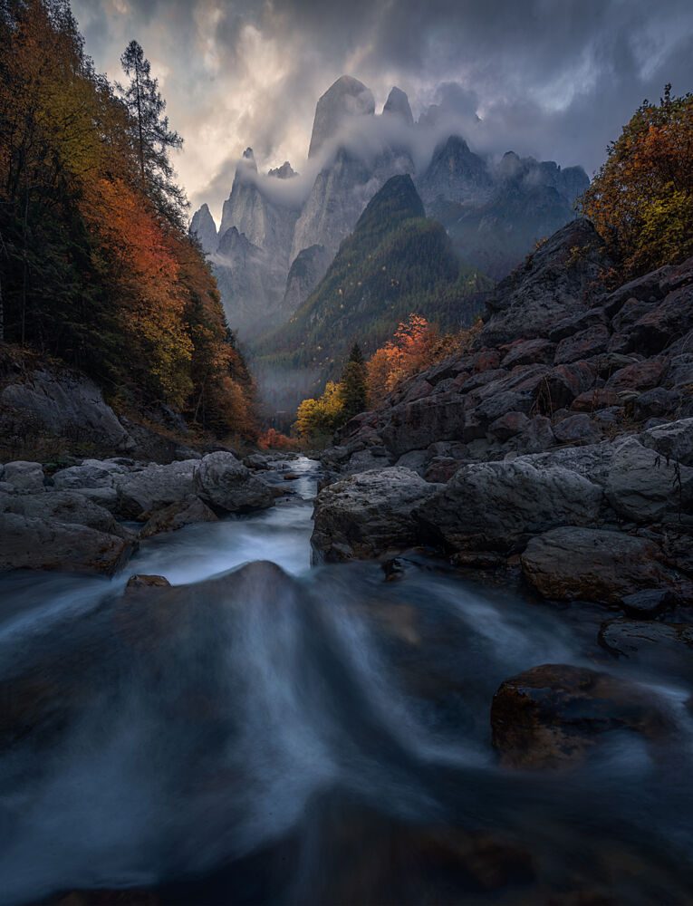 Autumn Mountain River Valley art print by Sherry Huang for $57.95 CAD
