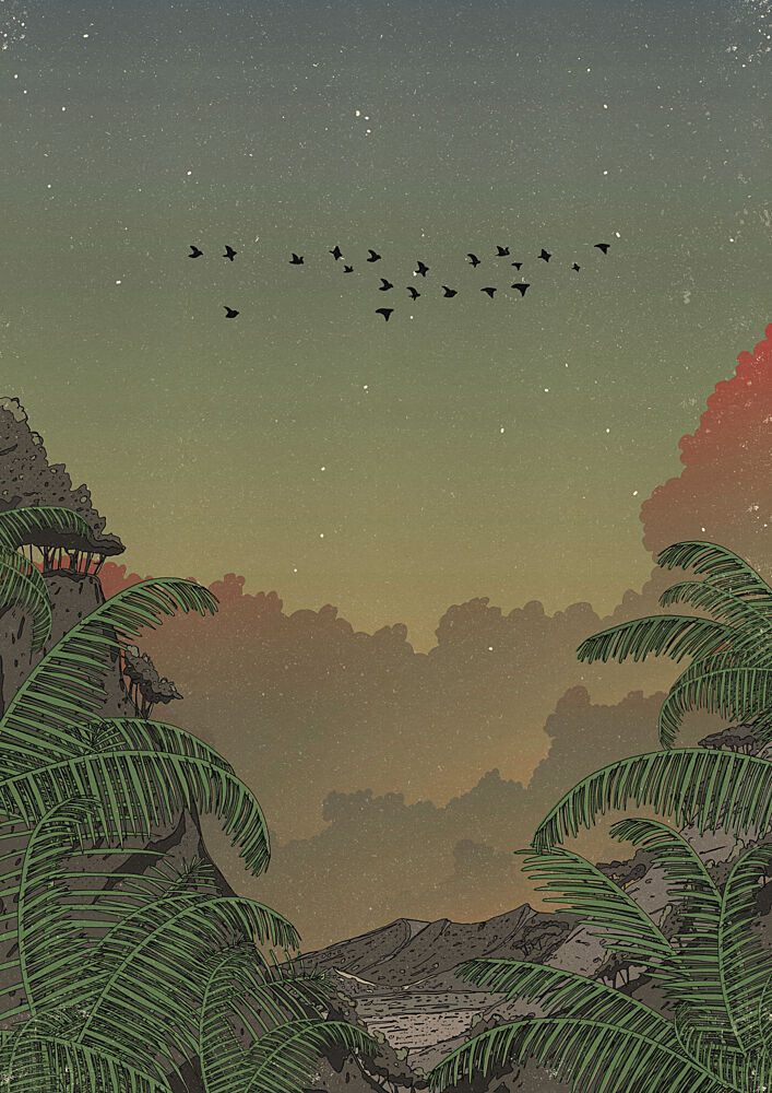 Starry Tropical Mountain View art print by Nicholas for $57.95 CAD