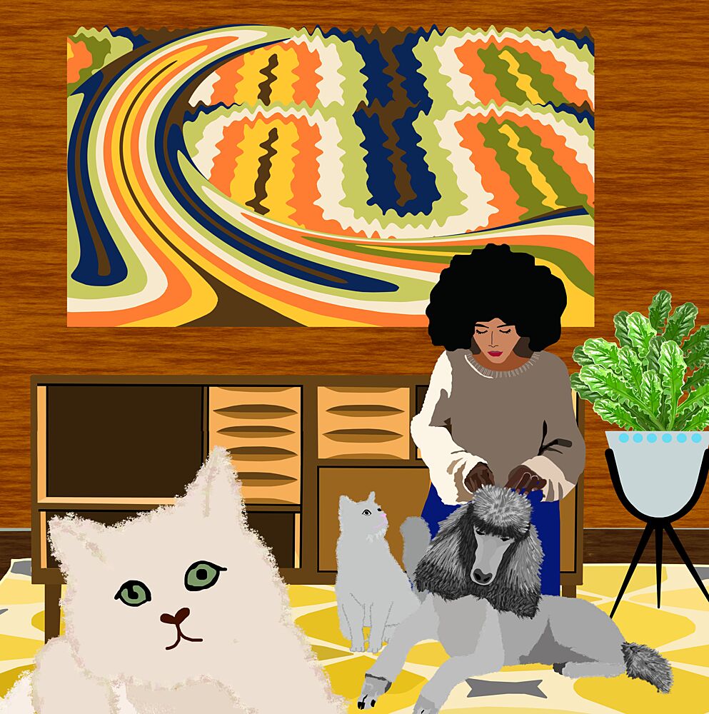 Midcentury Woman with Pets art print by Lynnda Rakos for $57.95 CAD