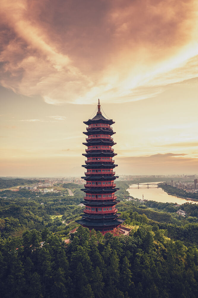 Golden Pagoda Sunset art print by Qiye for $57.95 CAD
