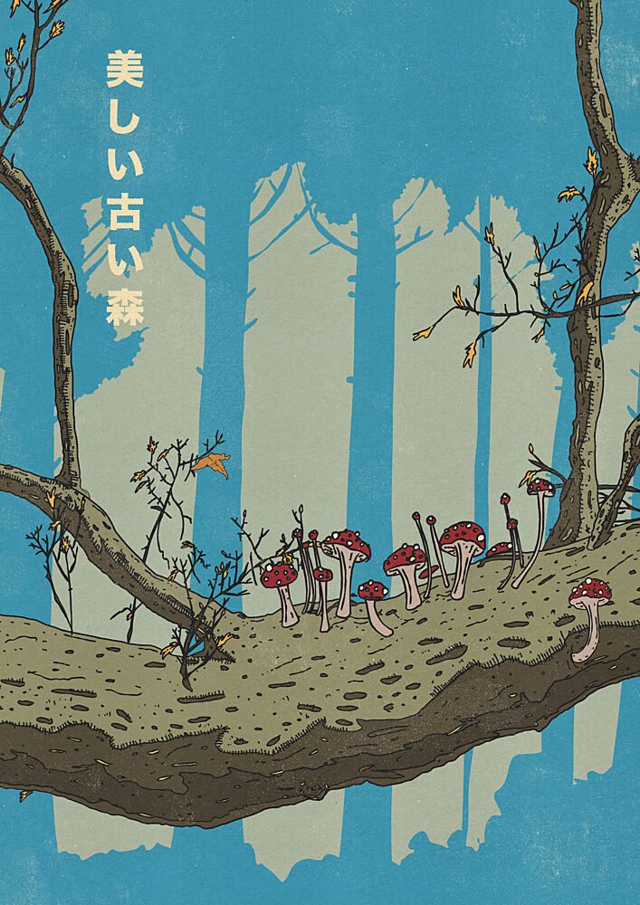 Old Japanese Mushroom Forest art print by Nicholas for $57.95 CAD