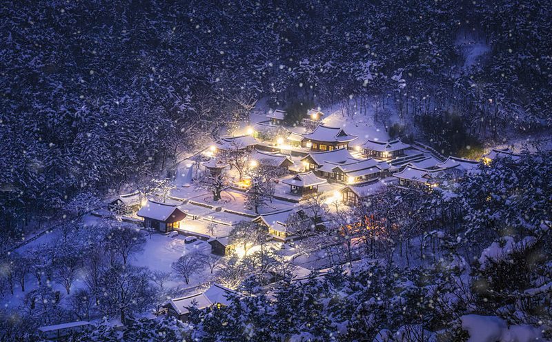 Snowy Night at a Mountain Temple art print by Tiger Seo for $57.95 CAD