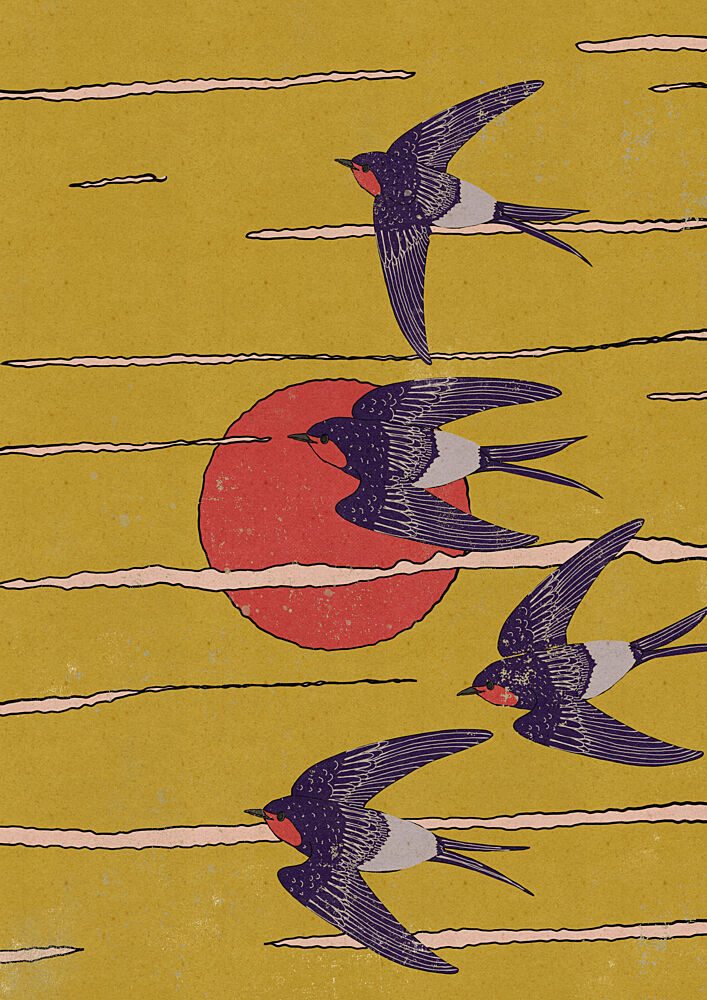 Flying Swallows Red Sun art print by Nicholas for $57.95 CAD