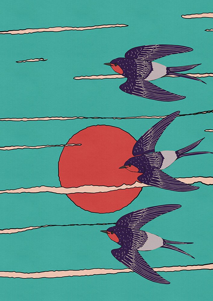 Teal Sky Swallows Flight art print by Nicholas for $57.95 CAD