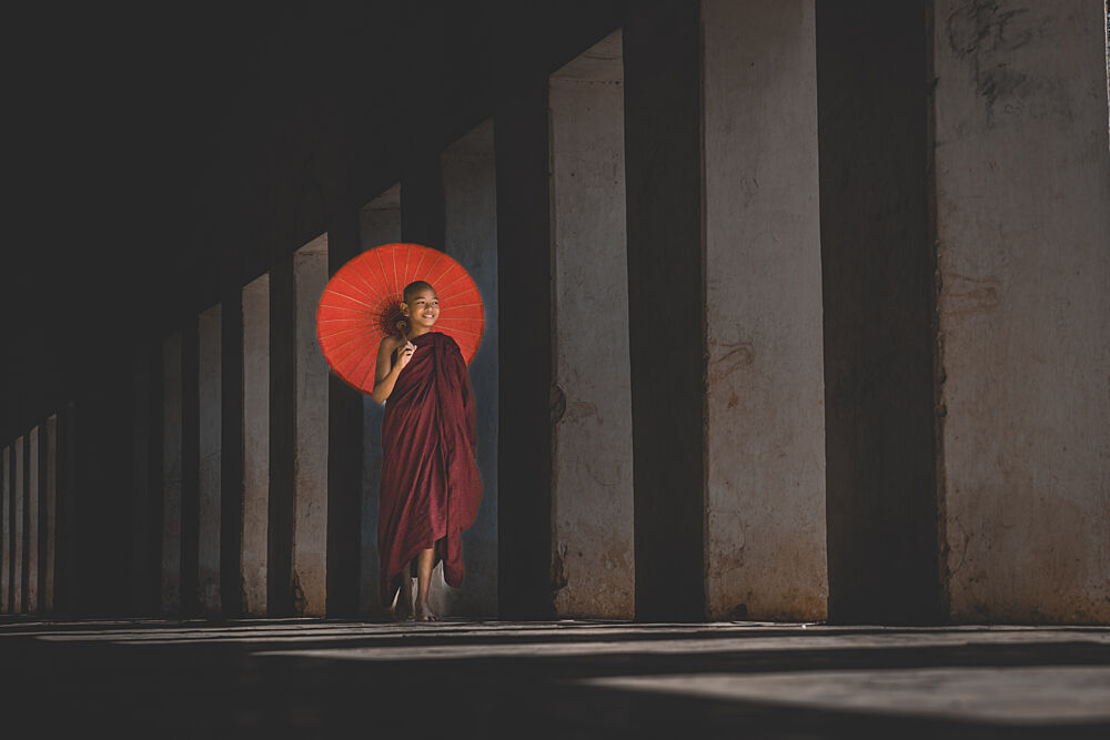 Buddhist Monk Red Parasol art print by Samim Ada for $57.95 CAD