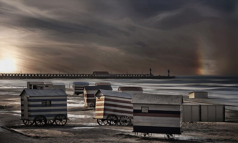 Coastal Huts Sunset art print by Yvette Depaepe for $57.95 CAD