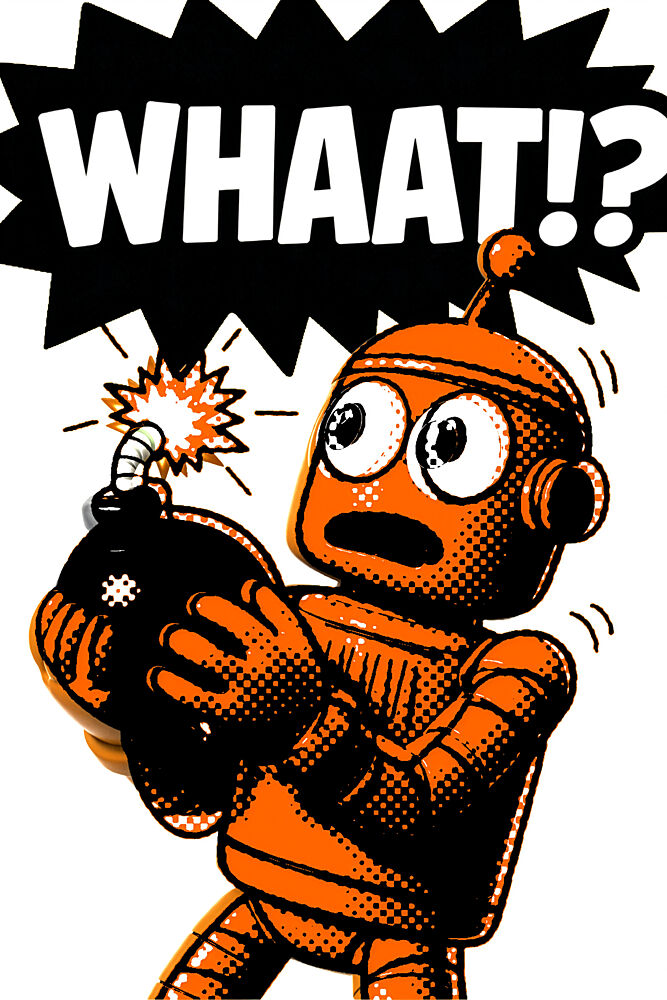 Orange Robot Bomb Shock art print by Erm for $57.95 CAD