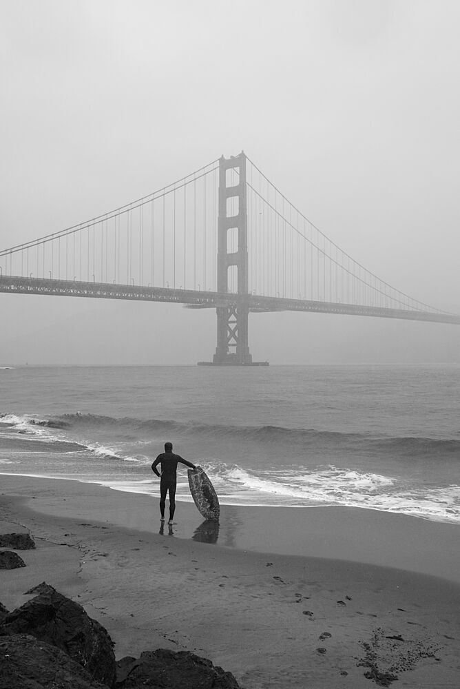 Misty Golden Gate Surfer art print by Barbara Nussel for $57.95 CAD