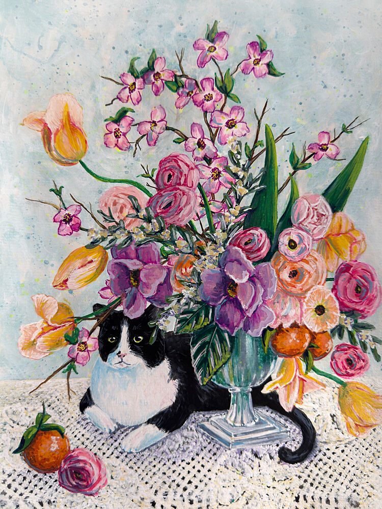 Tuxedo Cat Spring Blooms art print by Renee Machan Cottagecore for $57.95 CAD