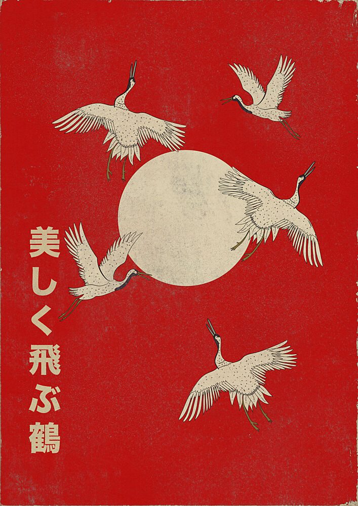 Cranes and Red Sun art print by Nicholas for $57.95 CAD