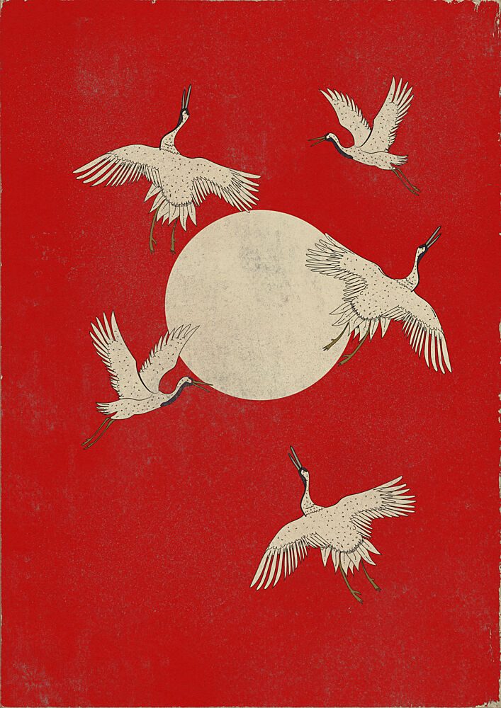 Japanese Cranes Red Moon art print by Nicholas for $57.95 CAD