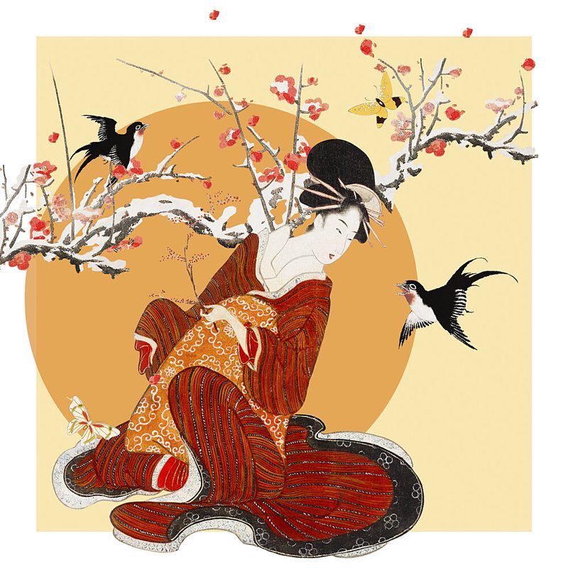 Geisha Plum Blossoms Swallows art print by Marja van den Hurk for $57.95 CAD