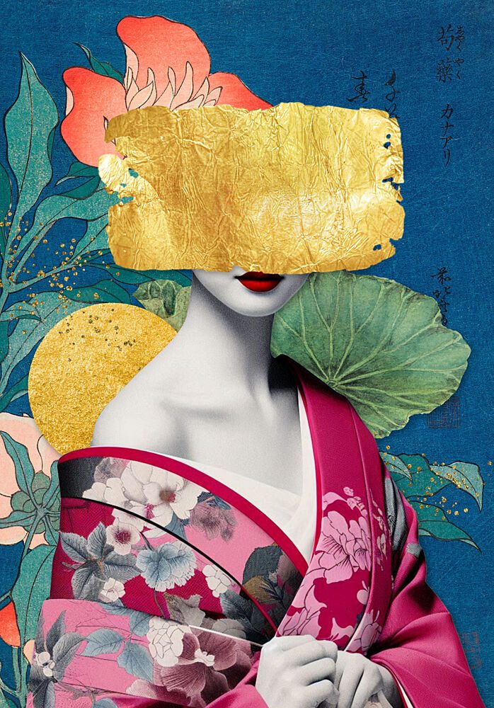 Japanese Gold Kimono Mask art print by Marja van den Hurk for $57.95 CAD