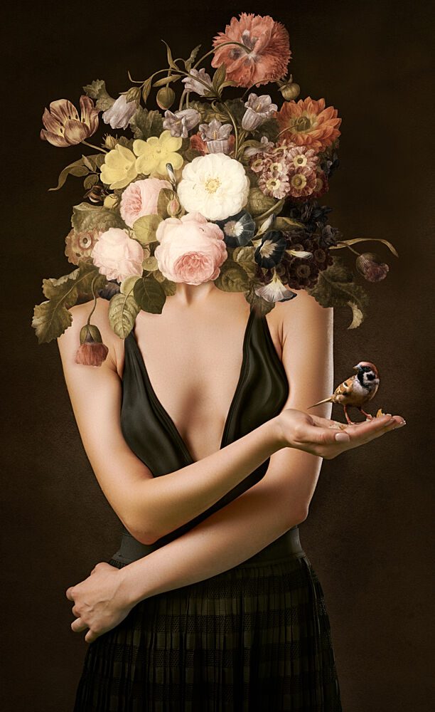 Elegant Floral Woman Goldfinch art print by Marja van den Hurk for $57.95 CAD