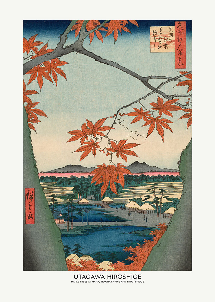 Maple Trees at Mama, Tekona Shrine and Tdugi Bridge art print by Utagawa Hiroshige for $57.95 CAD