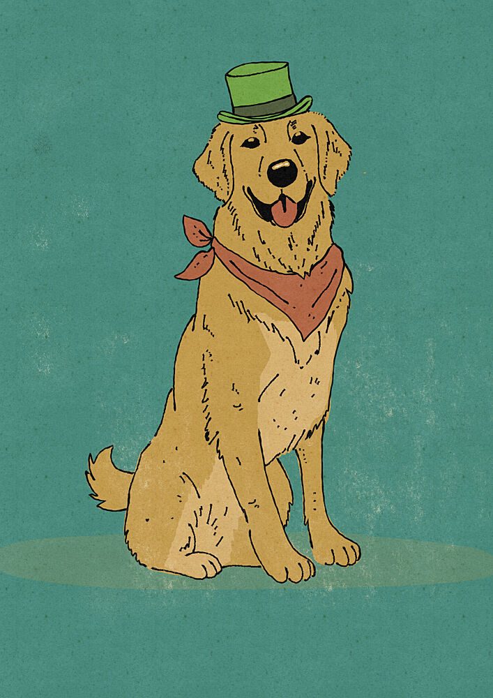 Happy Dog in Green Hat art print by Nicholas for $57.95 CAD
