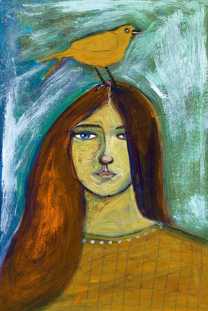 Pensive Girl Yellow Bird art print by Sharyn Bursic for $57.95 CAD