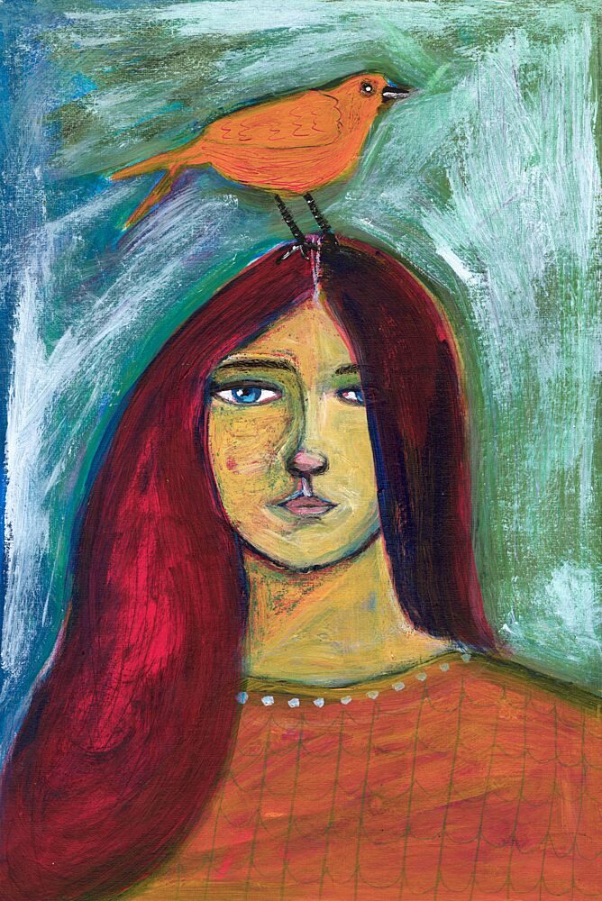 Woman with Orange Bird art print by Sharyn Bursic for $57.95 CAD