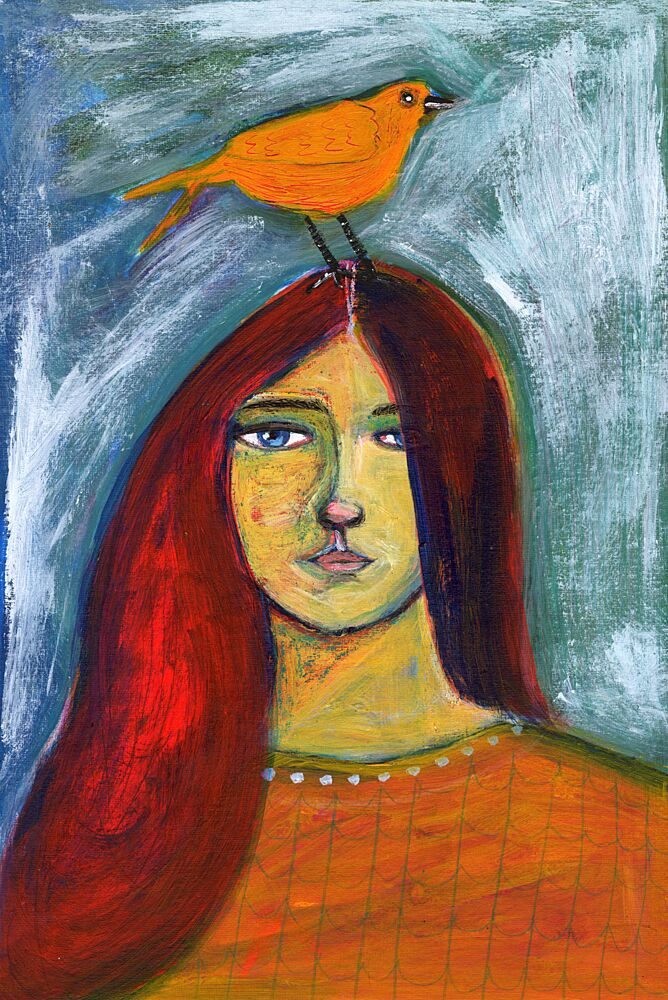 Woman and Orange Bird art print by Sharyn Bursic for $57.95 CAD