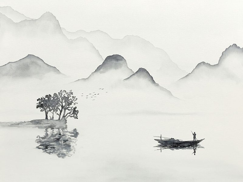 Serene Mountain Lake Boat art print by Natalie Bruns for $57.95 CAD