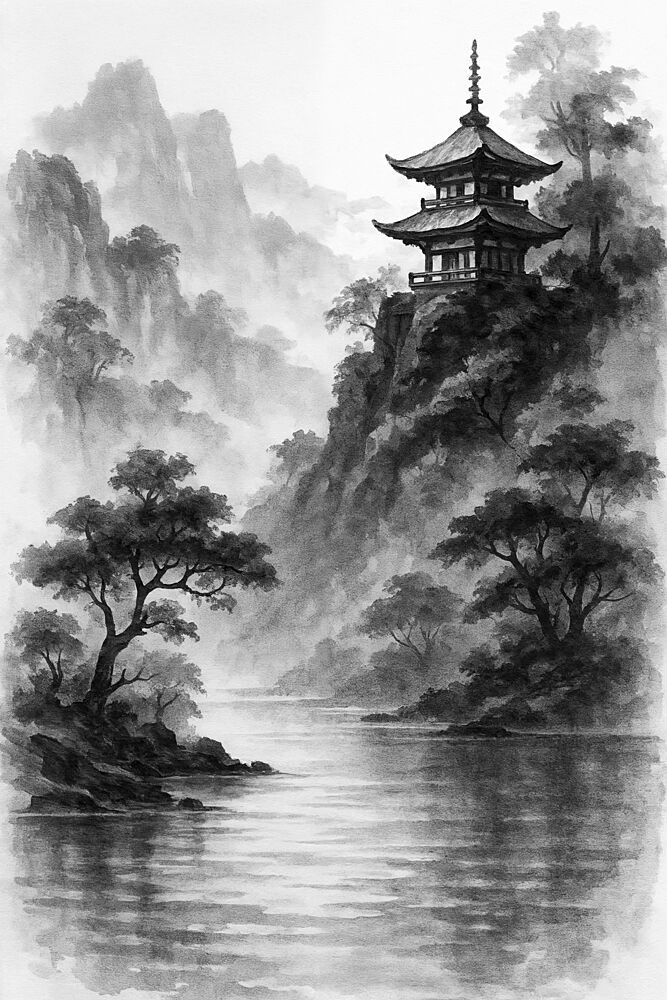 Misty Mountain Pagoda art print by Natalie Bruns for $57.95 CAD