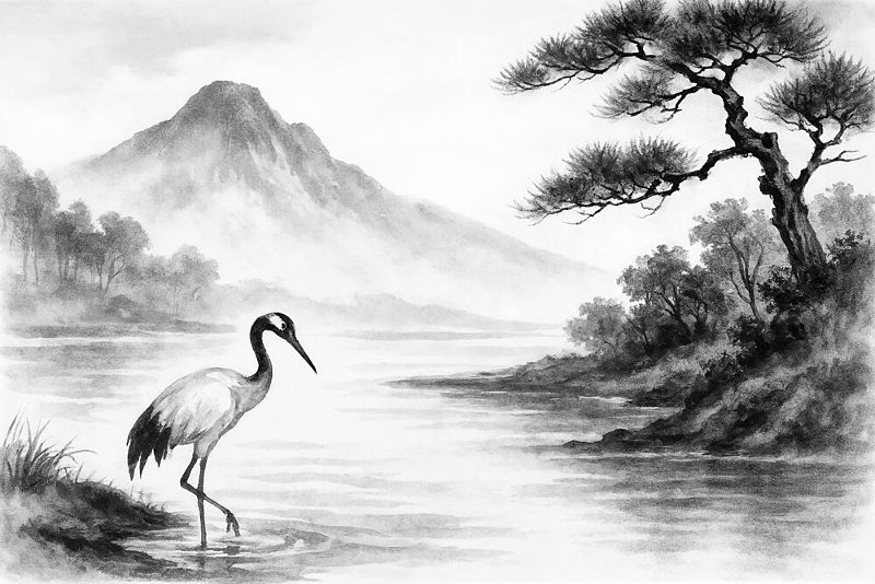 Tranquil Crane Lake Scene art print by Natalie Bruns for $57.95 CAD