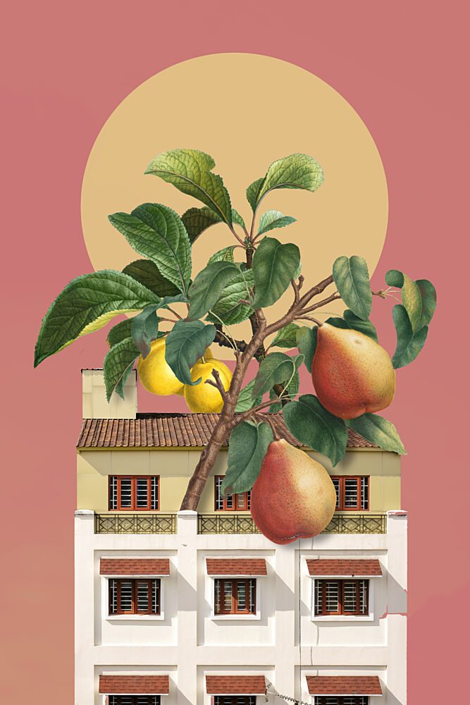 Surreal Pear Tree Building art print by Marja van den Hurk for $57.95 CAD