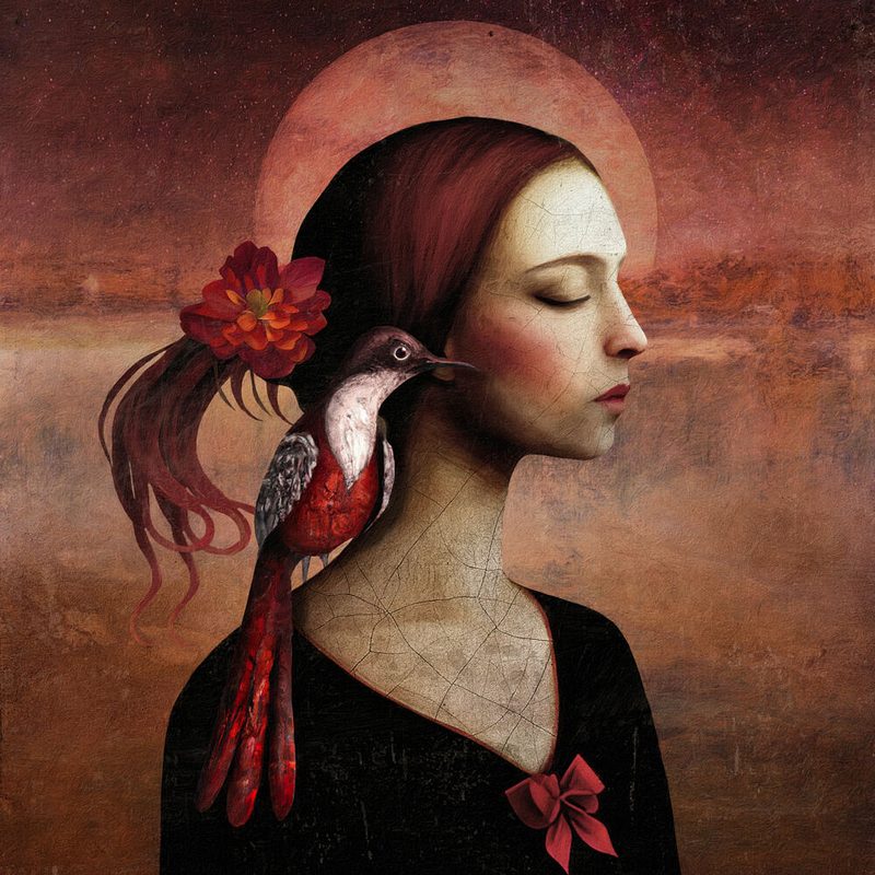 Serene Woman Red Bird art print by Marja van den Hurk for $57.95 CAD
