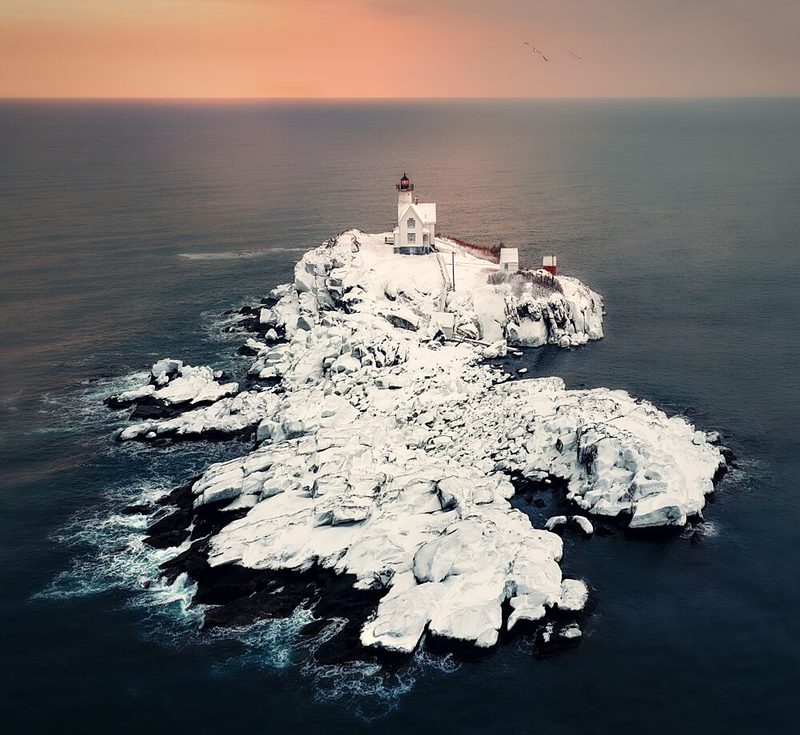 Snowy Lighthouse Island Sunset art print by Kai Dan for $57.95 CAD