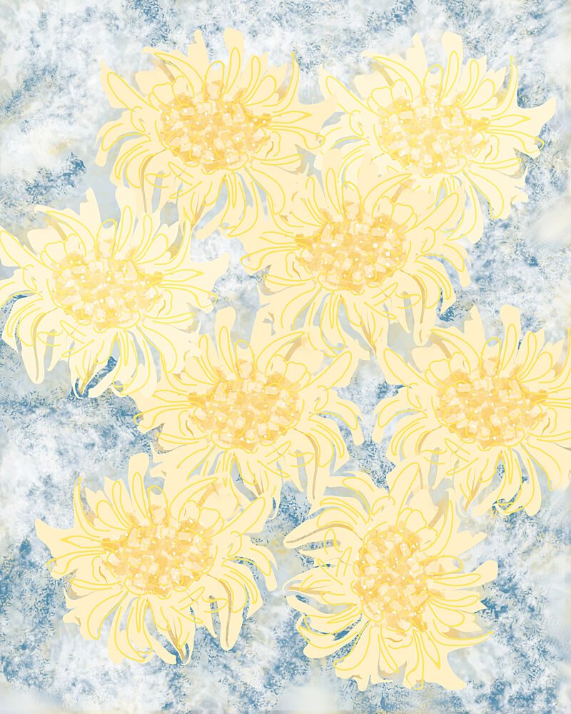 Yellow Blooms Blue Marbling art print by Sannel Larson for $57.95 CAD