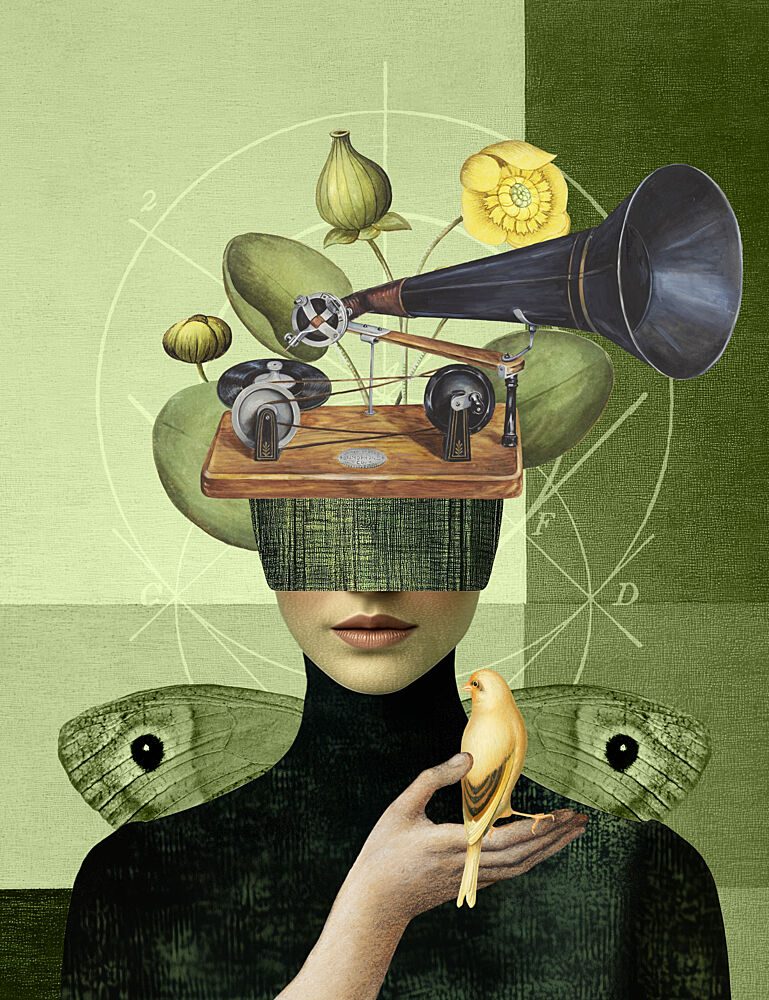 Phonograph Woman and Bird art print by Marja van den Hurk for $57.95 CAD