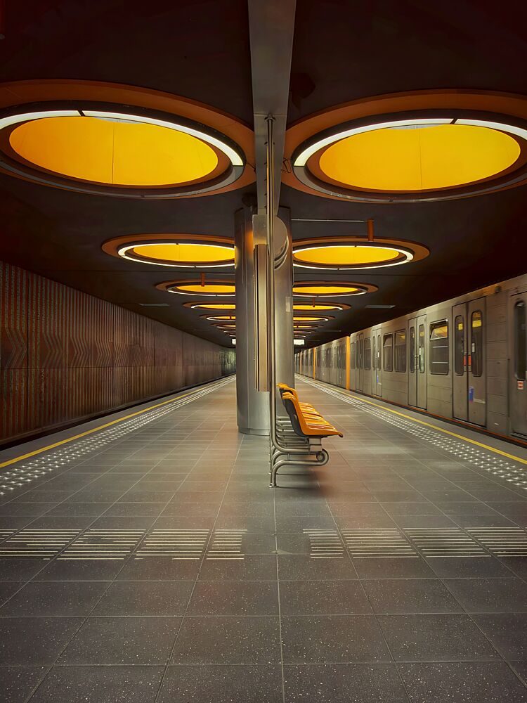 Orange Lit Metro Station art print by Frank Bruynseraede for $57.95 CAD