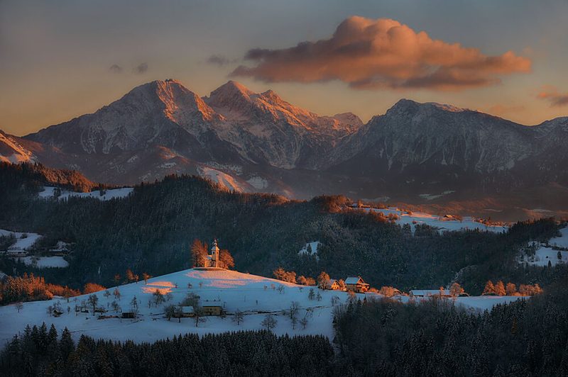 Snowy Mountain Church Sunset art print by Drago Vogrinec for $57.95 CAD