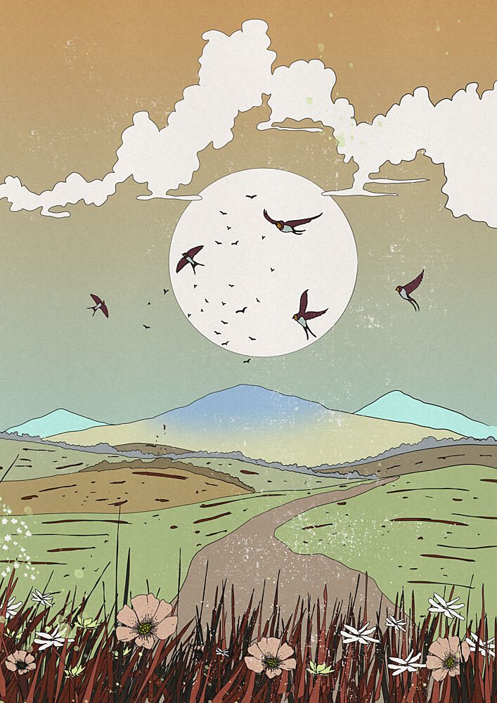 Swallows over Moonlit Fields art print by Nicholas for $57.95 CAD