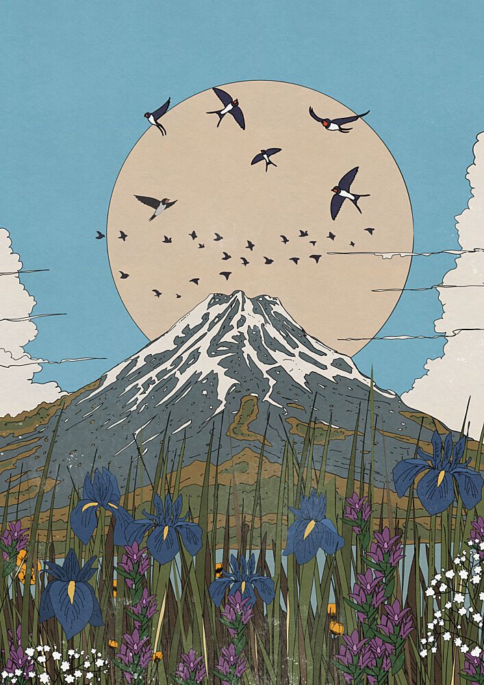 Mount Fuji Swallows Irises art print by Nicholas for $57.95 CAD