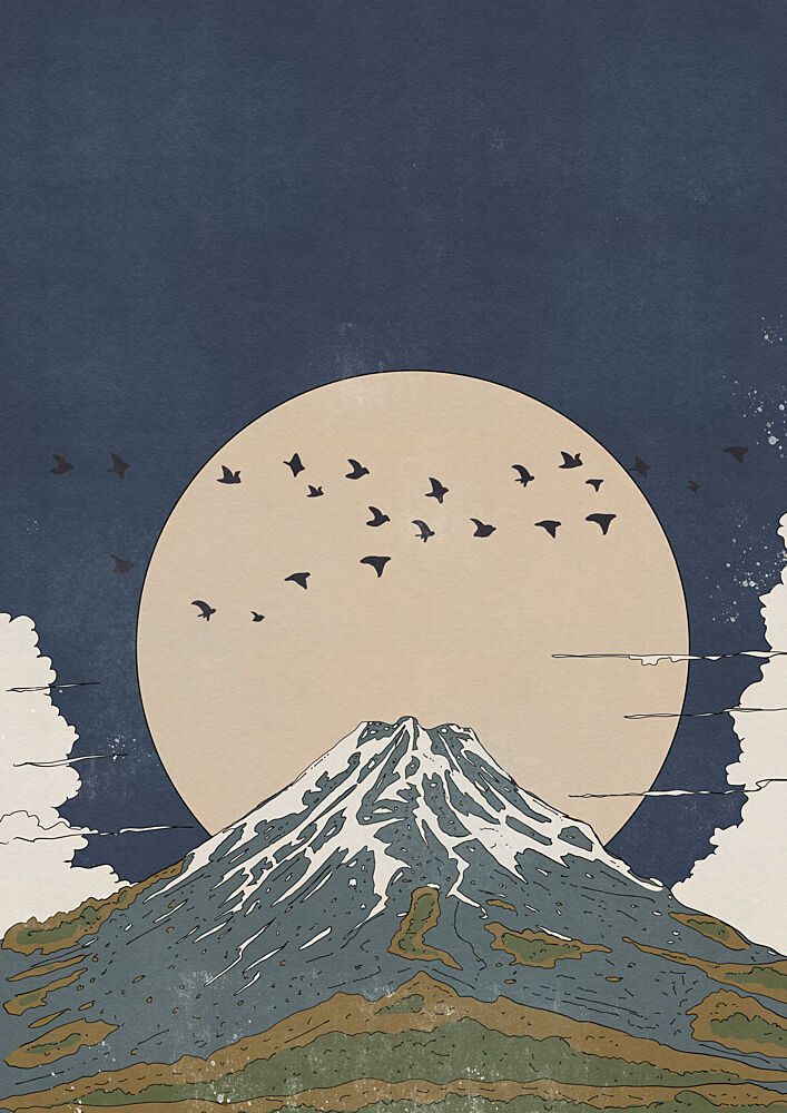 Mount Fuji Moonrise Birds art print by Nicholas for $57.95 CAD