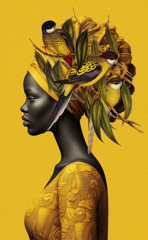 African Woman Golden Birds art print by Marja van den Hurk for $57.95 CAD