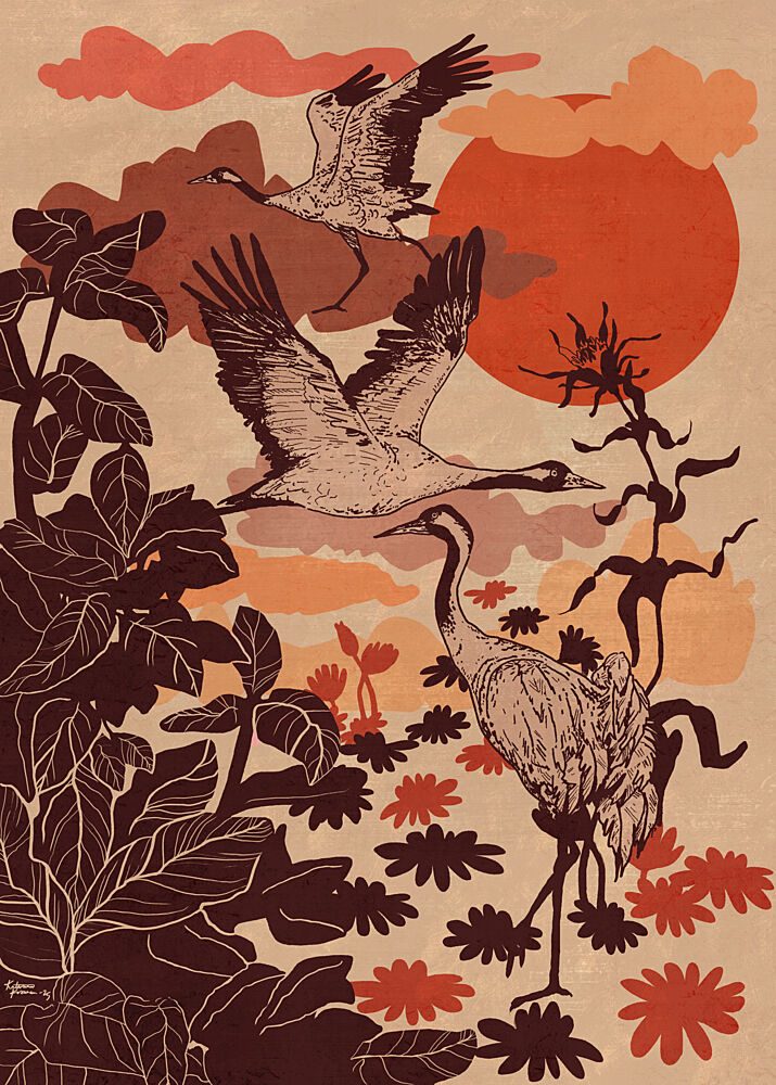 Flying Cranes Tropical Sunset art print by Katariina Kosunen for $57.95 CAD