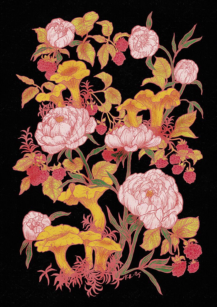 Forest Peonies and Chanterelles art print by Katariina Kosunen for $57.95 CAD