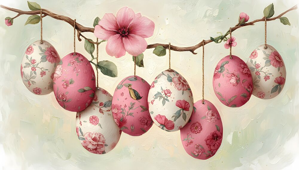 Pink Floral Easter Eggs art print by Hugo for $57.95 CAD