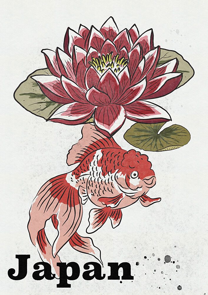Traditional Japanese Lotus Goldfish art print by Nicholas for $57.95 CAD
