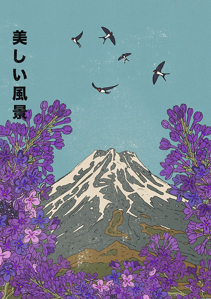 Mount Fuji Purple Blooms art print by Nicholas for $57.95 CAD