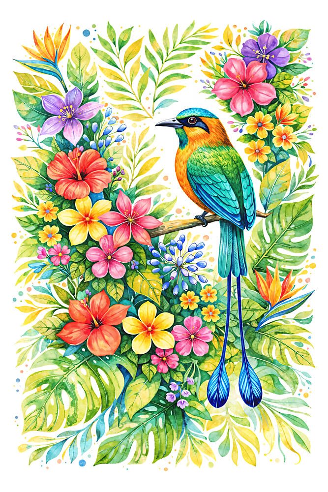 Motmot in Tropical Blooms art print by Natalie Bruns for $57.95 CAD